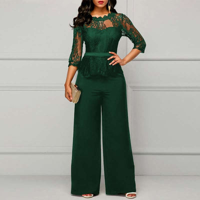 Solid Long Sleeve Lace Patchwork Jumpsuit