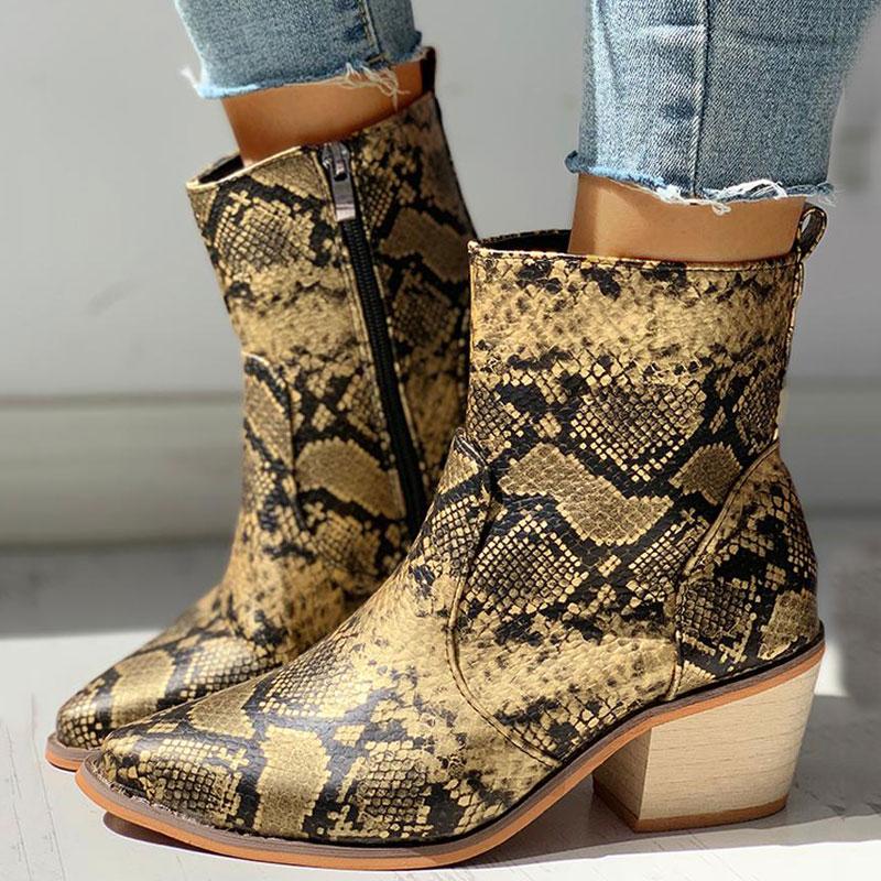 Pointed Toe Snakeskin Zipper Design Chunky Heeled PU Boots - Cherrybetty