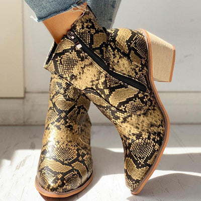 Pointed Toe Snakeskin Zipper Design Chunky Heeled PU Boots - Cherrybetty