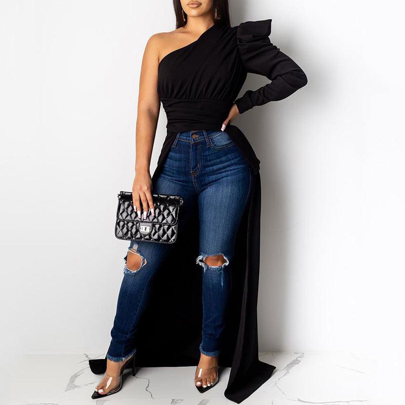 Solid One Shoulder Dip Hem Blouse - Cherrybetty