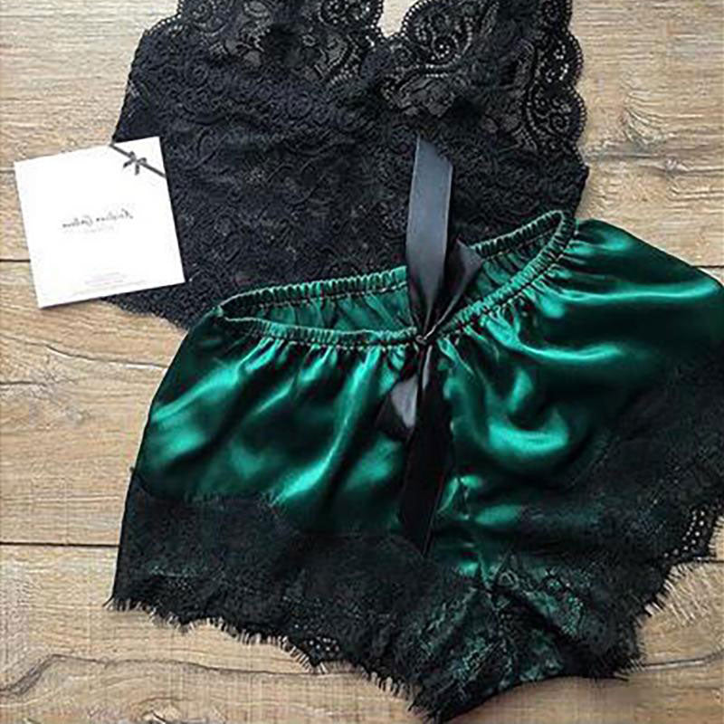 Eyelash Crochet Lace Satin Bowknot Cami Set