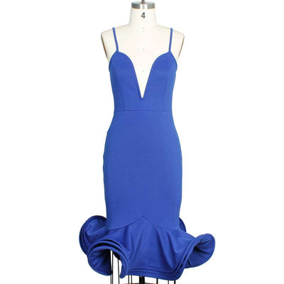 Solid Deep V-Neck Sleeveless Fishtail Dress