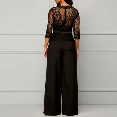 Solid Long Sleeve Lace Patchwork Jumpsuit