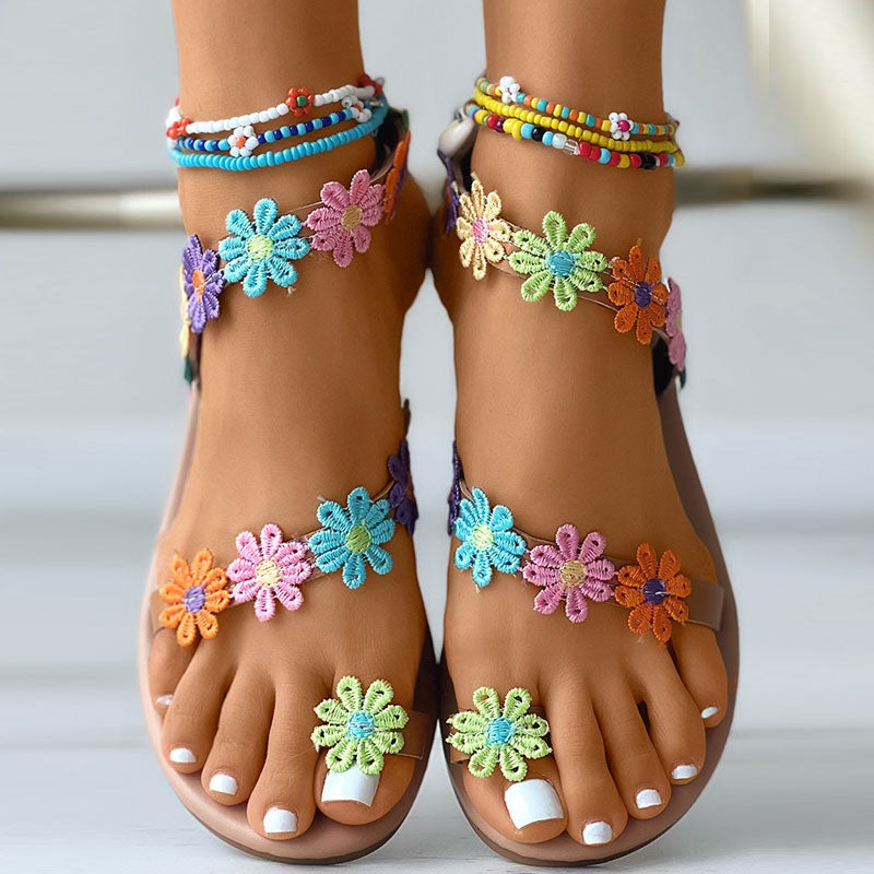 Floral Pattern Toe Ring Sandals