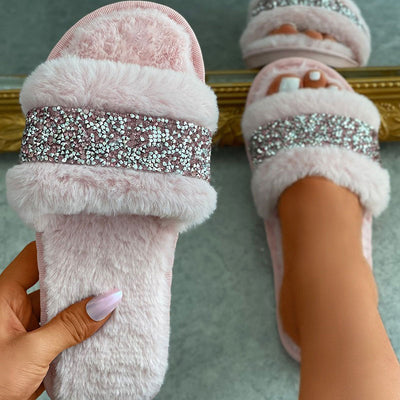 Rhinestone Peep Toe Fluffy Slippers