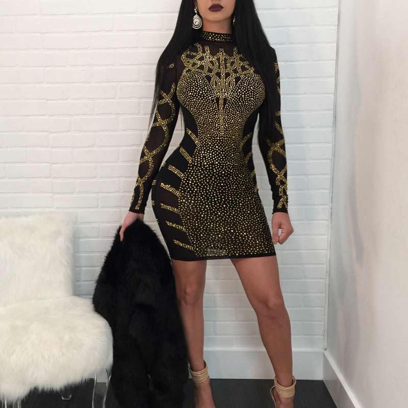 Rhinestone Long Sleeve Zipper Design Bodycon Dress