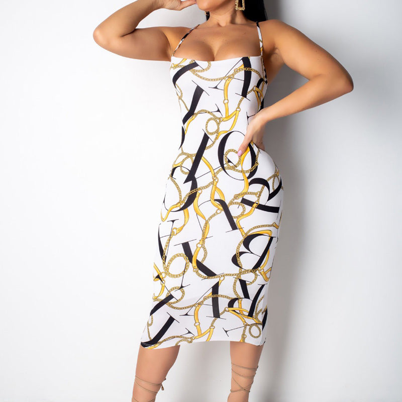 Cold Shoulder Chain Printed Sling Bodycon Dress