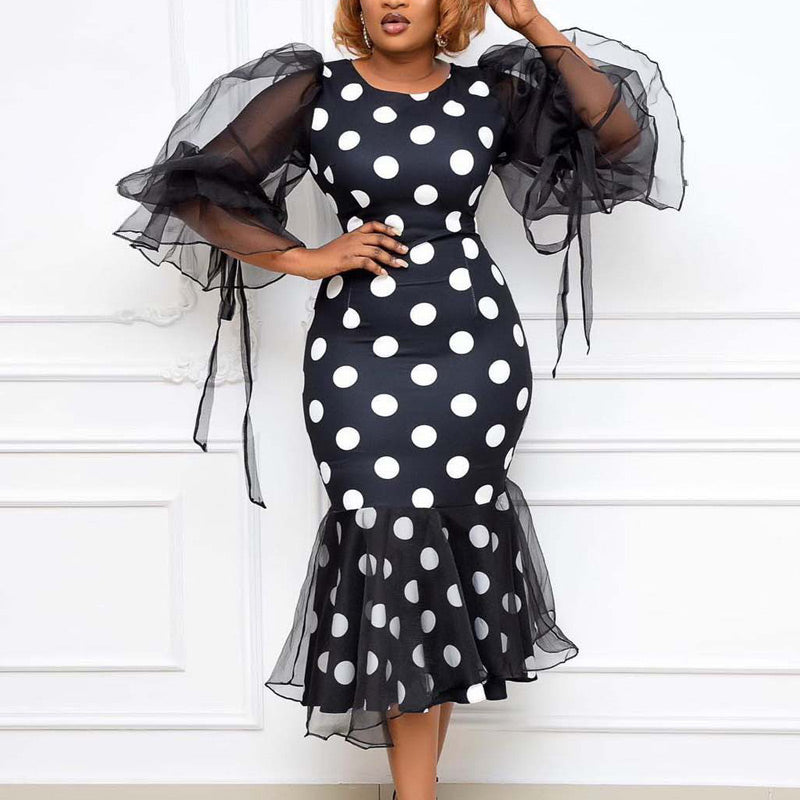 Polka Dot Sheer Mesh Ruffled Hem Long Sleeve Dress