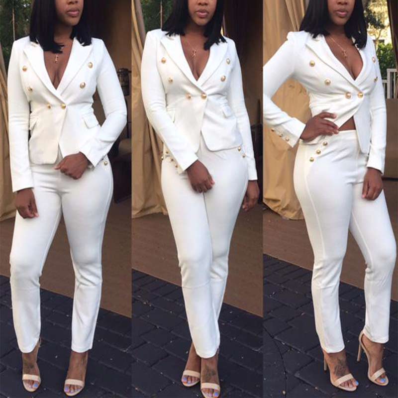 Solid Deep V-Neck Long Sleeve Button Detailed Suit Set