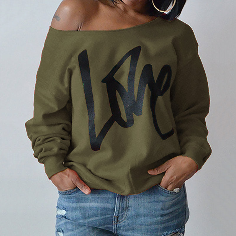 Solid One Shoulder Letter Print Sweater