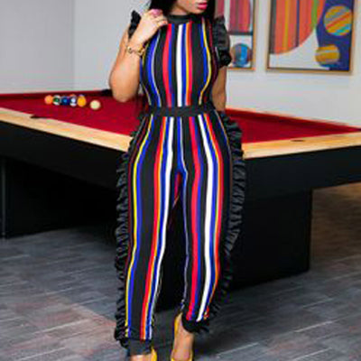 Striped Print Ruffle Design Jumpsuit