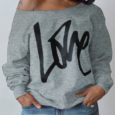 Solid One Shoulder Letter Print Sweater