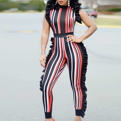 Striped Print Ruffle Design Jumpsuit