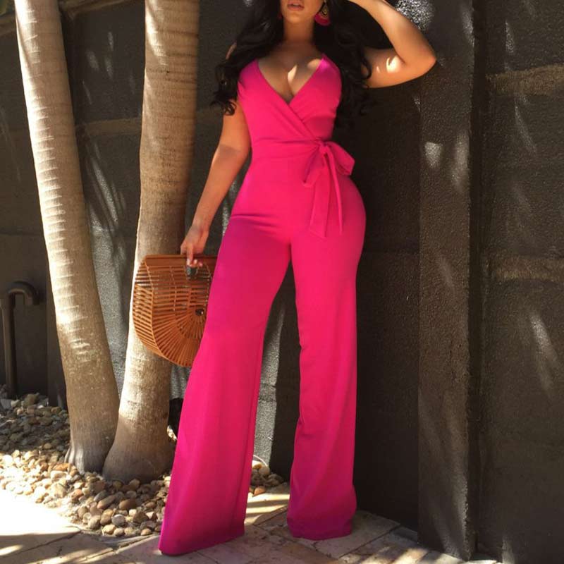 Solid Sleeveless Deep V-Neck Bowkont Jumpsuit