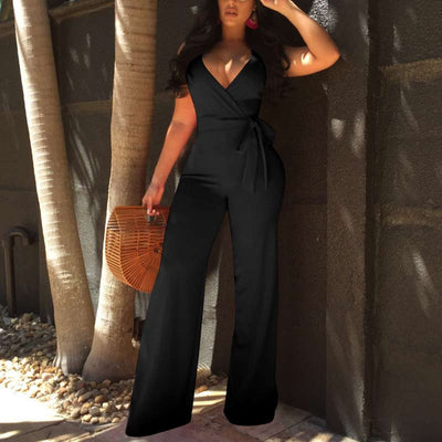 Solid Sleeveless Deep V-Neck Bowkont Jumpsuit