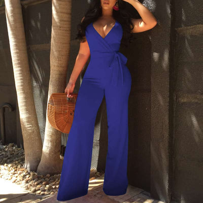 Solid Sleeveless Deep V-Neck Bowkont Jumpsuit