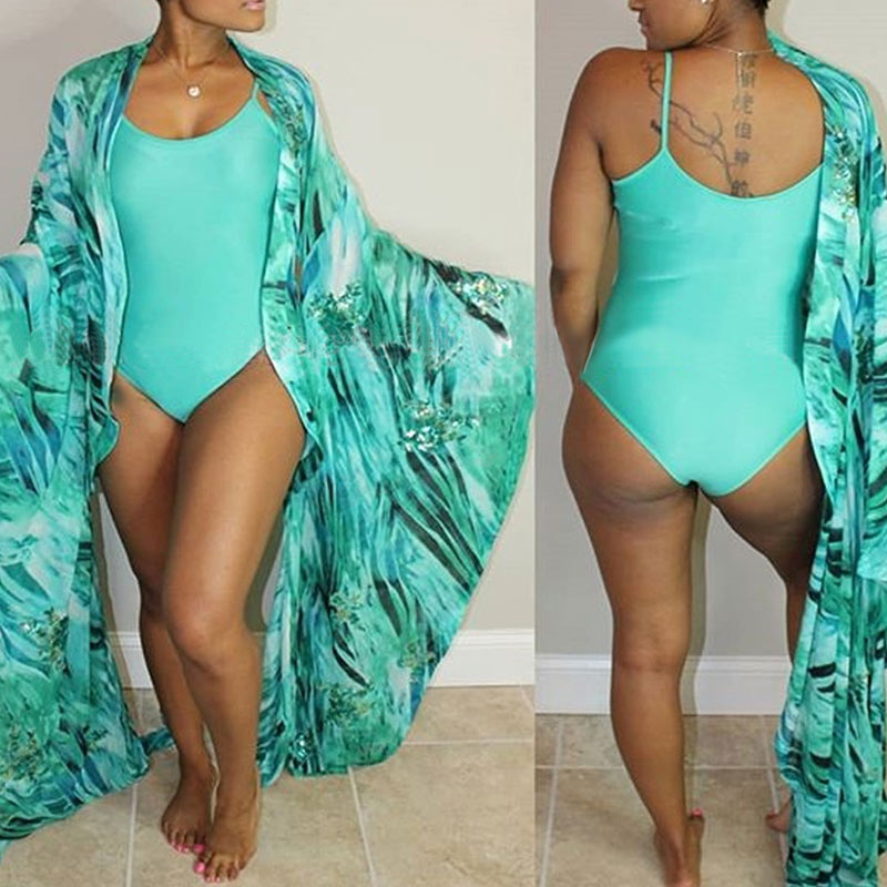 Printed One Piece Swimsuit & Cover Up Set With Belt