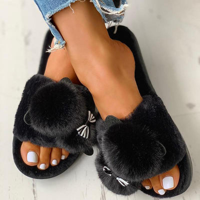 Fluffy Pom Pom Bowknot Embellished Open Toe Flat Slippers - Cherrybetty