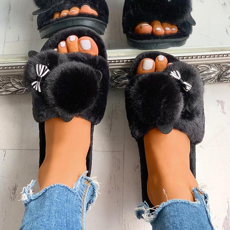 Fluffy Pom Pom Bowknot Embellished Open Toe Flat Slippers - Cherrybetty