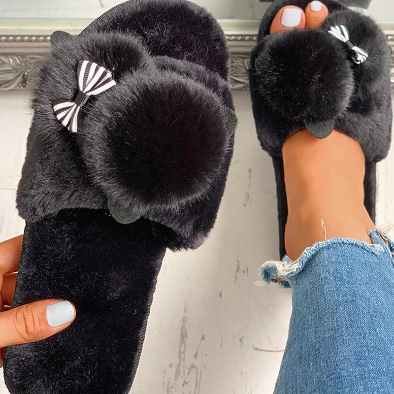 Fluffy Pom Pom Bowknot Embellished Open Toe Flat Slippers - Cherrybetty