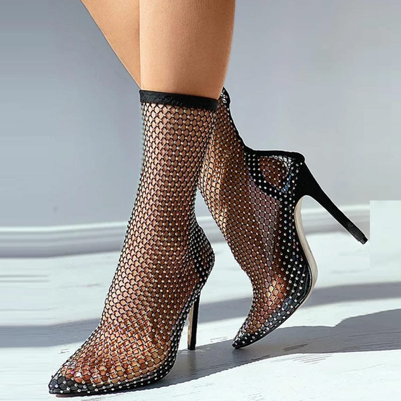 Fishing Net Mesh Studded Stiletto Heel Boots