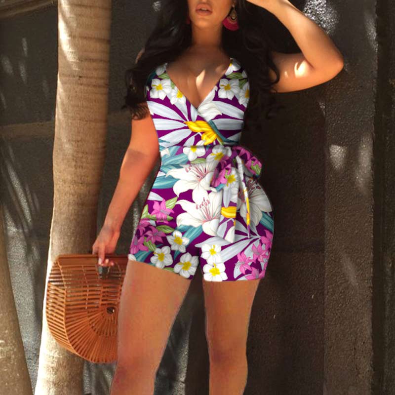 Floral Print Deep V-Neck Sleeveless Romper With Belt