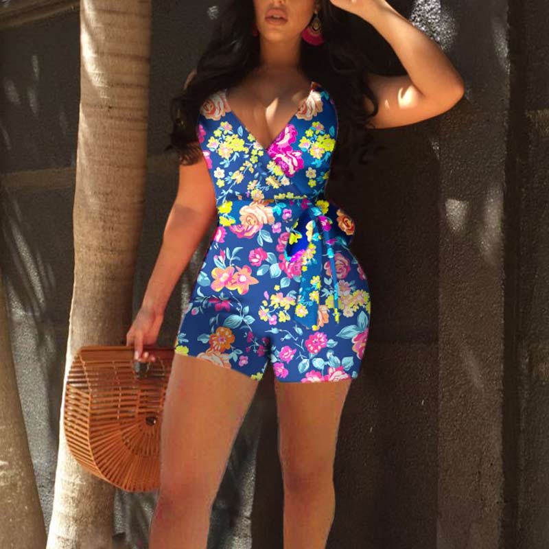 Floral Print Deep V-Neck Sleeveless Romper With Belt