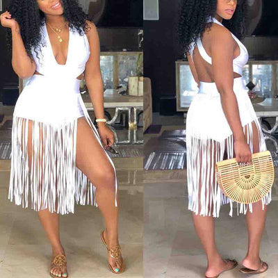 Solid Halter Sleeveless Tassel Design Romper