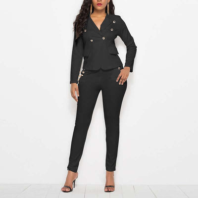 Solid Deep V-Neck Long Sleeve Button Detailed Suit Set