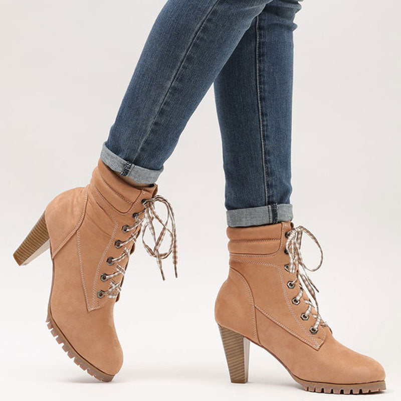 Solid Lace Up Platcorm Chunky Heel Boots