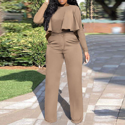 Solid Ruffle Design Long Sleeve Top & Pants Set