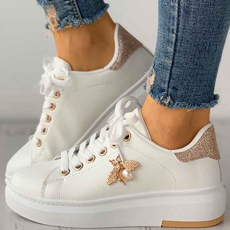 Sequins Bee Pattern Lace Up Sneakers