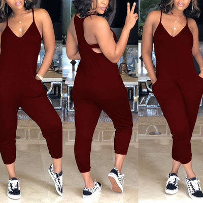 Solid Sleeveless V Neck Pocket Design Jumpsuit