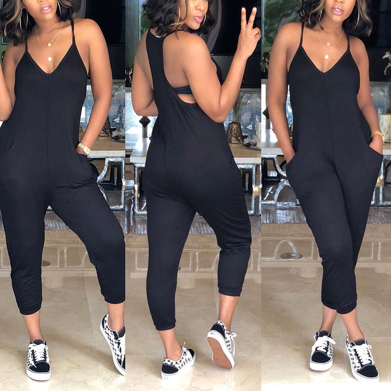 Solid Sleeveless V Neck Pocket Design Jumpsuit