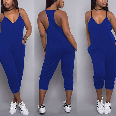 Solid Sleeveless V Neck Pocket Design Jumpsuit