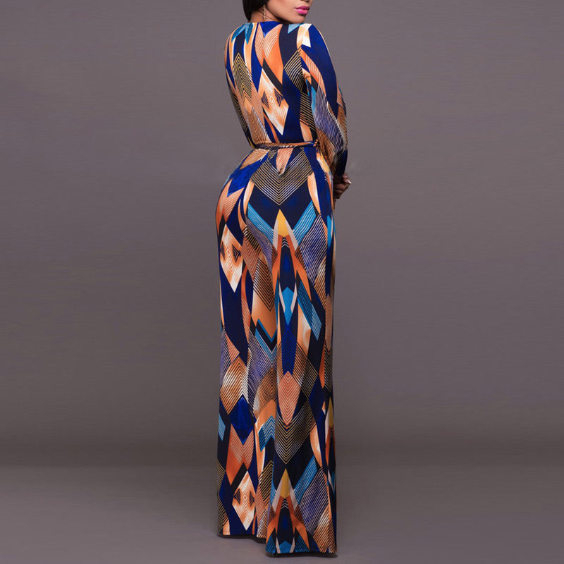 Colorblock Print V-Neck Long Sleeve Maxi Dress With Belt