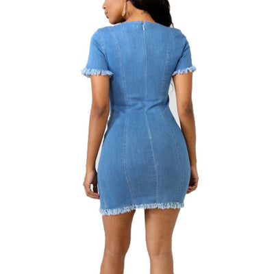 Solid Round Neck Cut Out Denim Dress