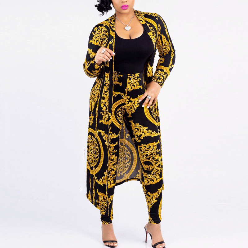 Print Long Sleeve Trench Coat & Pants Set