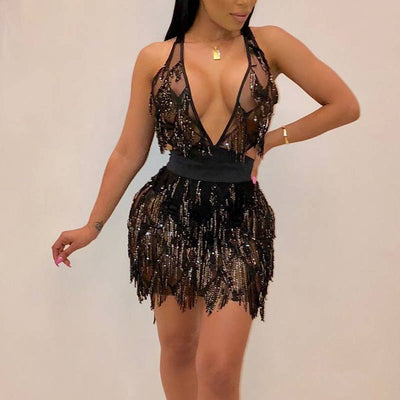 Sequins Sleeveless Tassel Design Bodycon Dress