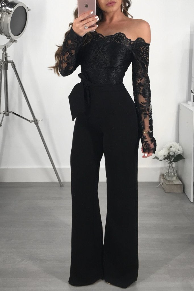 Solid Off Shoulder Lace Patchwork Tied Jumpsuit