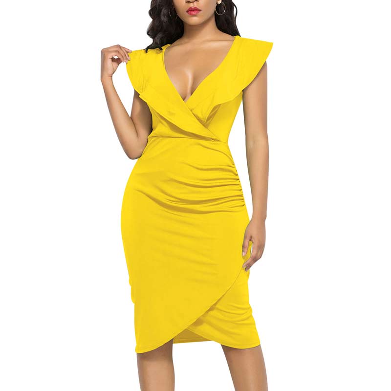 Solid Deep V-Neck Sleeveless Ruched Party Dress