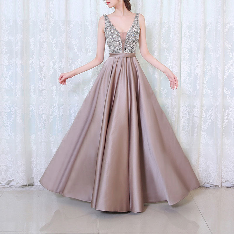 Rhinestone Deep V-Neck Sleeveless Pleated Evening Dress