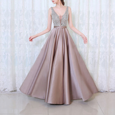 Rhinestone Deep V-Neck Sleeveless Pleated Evening Dress