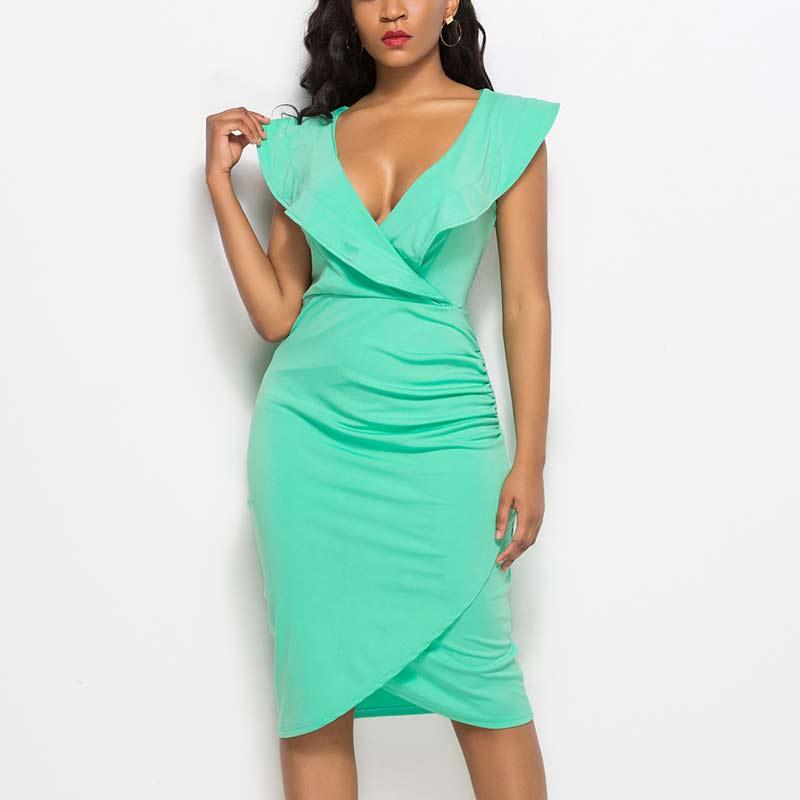 Solid Deep V-Neck Sleeveless Ruched Party Dress