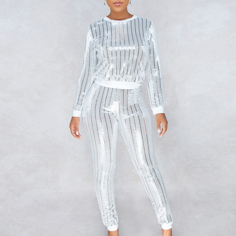 Sequins Long Sleeve Stripe Top & Pants Set