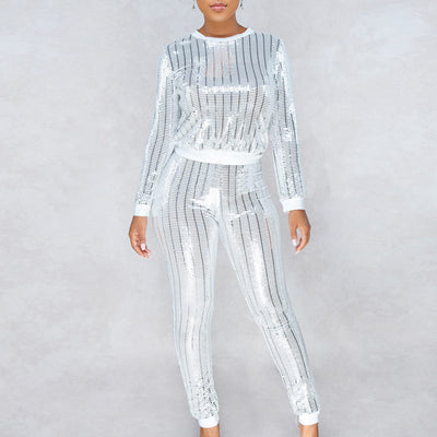 Sequins Long Sleeve Stripe Top & Pants Set