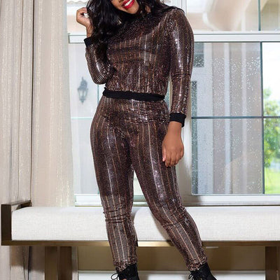 Sequins Long Sleeve Stripe Top & Pants Set