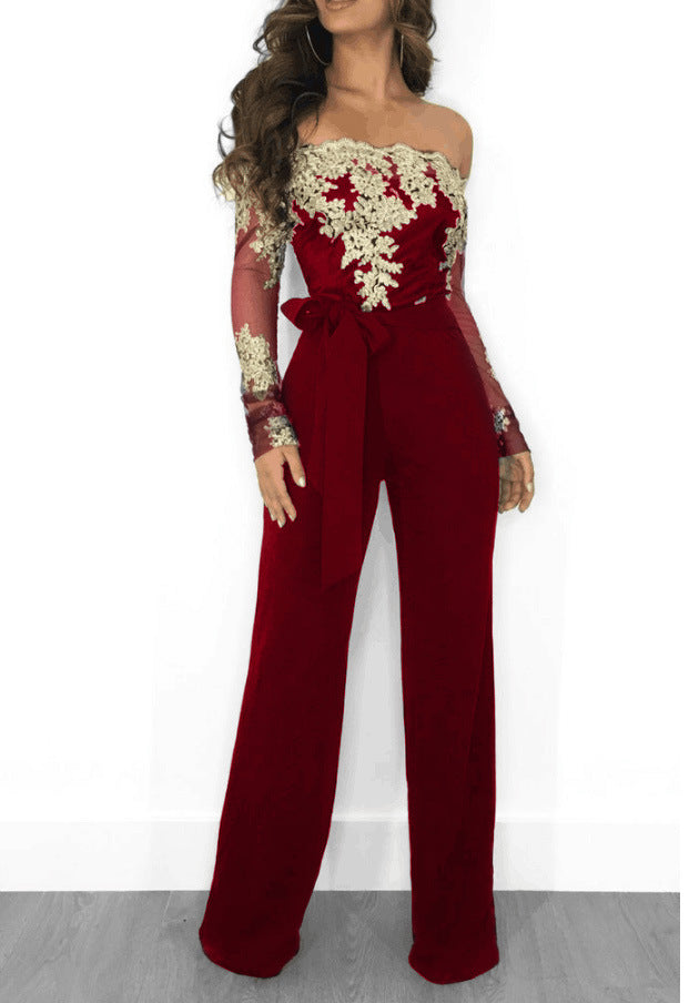 Solid Off Shoulder Lace Patchwork Tied Jumpsuit