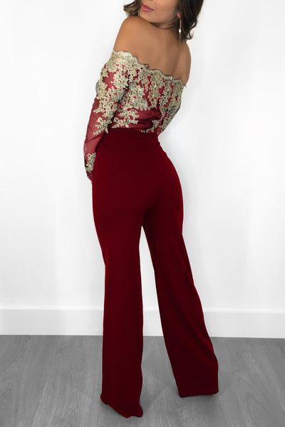 Solid Off Shoulder Lace Patchwork Tied Jumpsuit