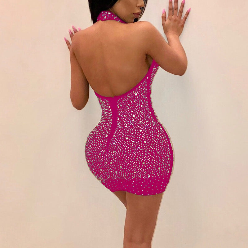 Solid Rhinestone Halter Backless Bodycon Dress